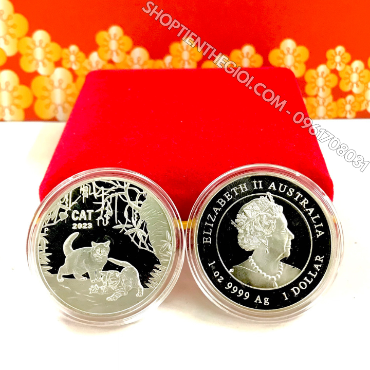 Xu Úc Hình Con Mèo Mạ Bạc tặng hộp nhung 